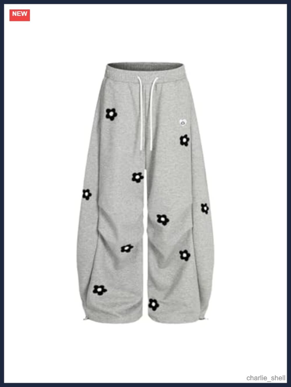 Baggy Wide Leg Sweatpants with Floral Embroidery, Y2K Casual Elastic Drawstring